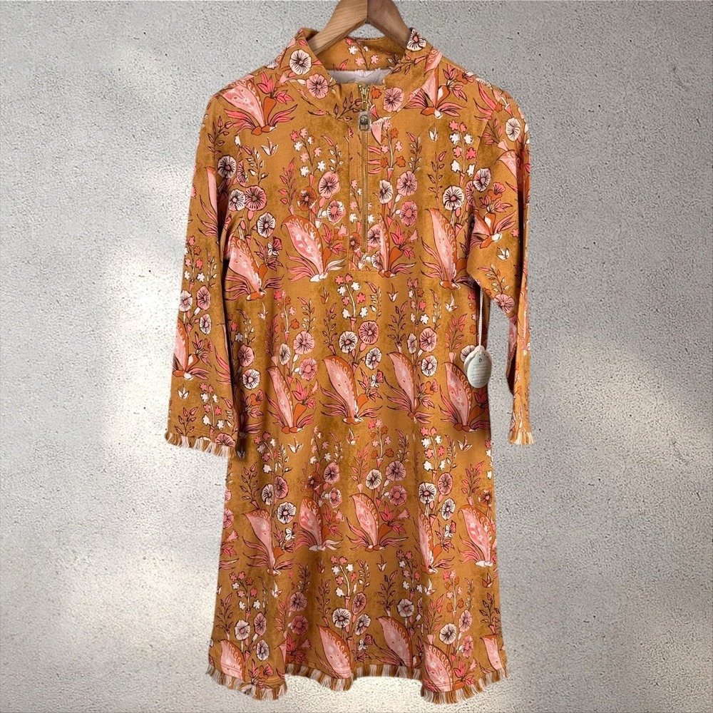 Spartina 449 Nora Half-Zip Fringe Dress Mercer House Woodblock Floral Brown XL - Picture 3 of 6